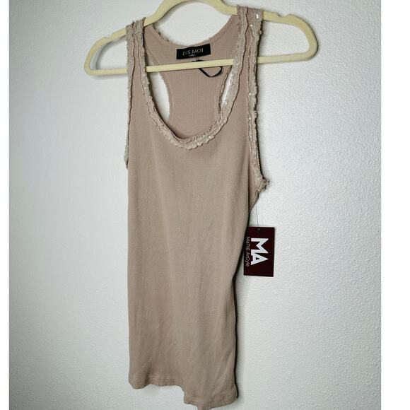 NWT Dis Moi Tan Rib Knit Racer Back Lace Edging Tank Top - Picture 2 of 9
